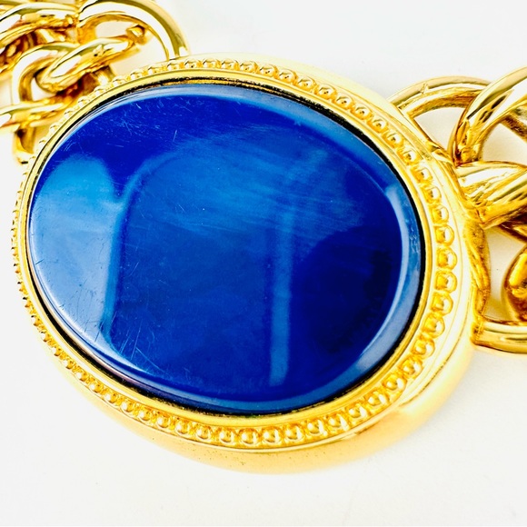 VTG 80s Monet Chunky Chain Link Blue Lapis Glass Gold Plated Collar Necklace - Picture 12 of 14